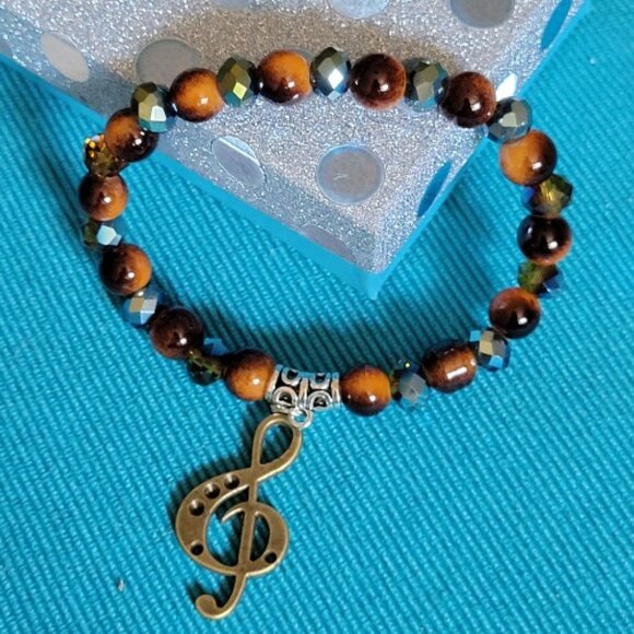 Brown Bronze Blue Beaded Elastic Wrist Wraps with Charms - Picture 2 of 2